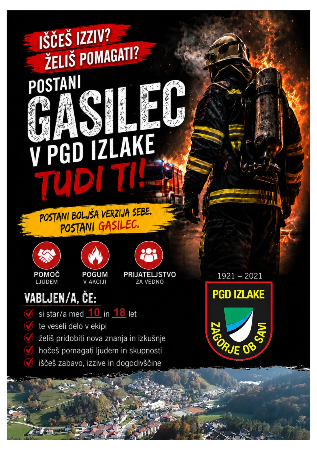 Vabilo PGD Izlake: Postani gasilec – sprednja stran plakata